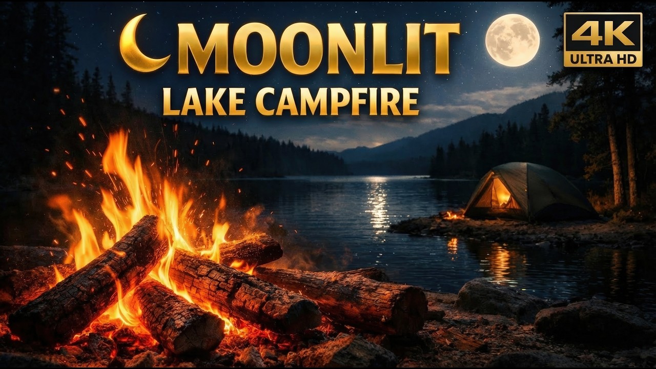Moonlit Lake Campfire 🔥 Cozy Night Camping with Crackling Fire Sounds (8 Hours) 4K