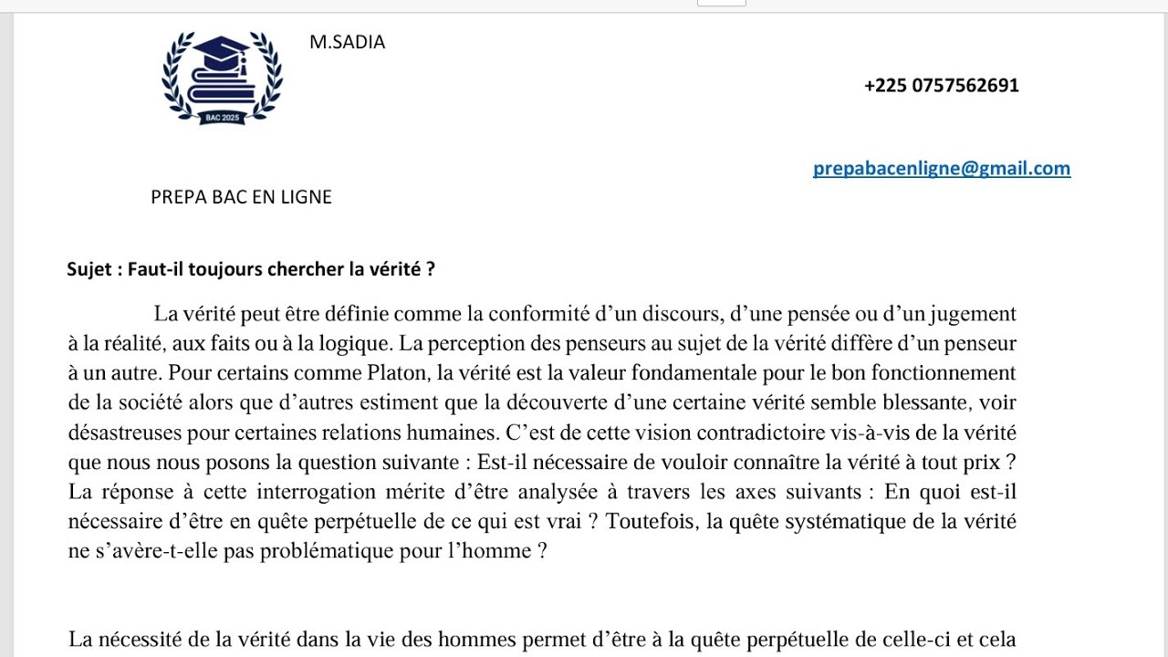 Sujet de Philosophie type BAC 2025 : Faut-il toujours chercher la vérité .Rédaction complète