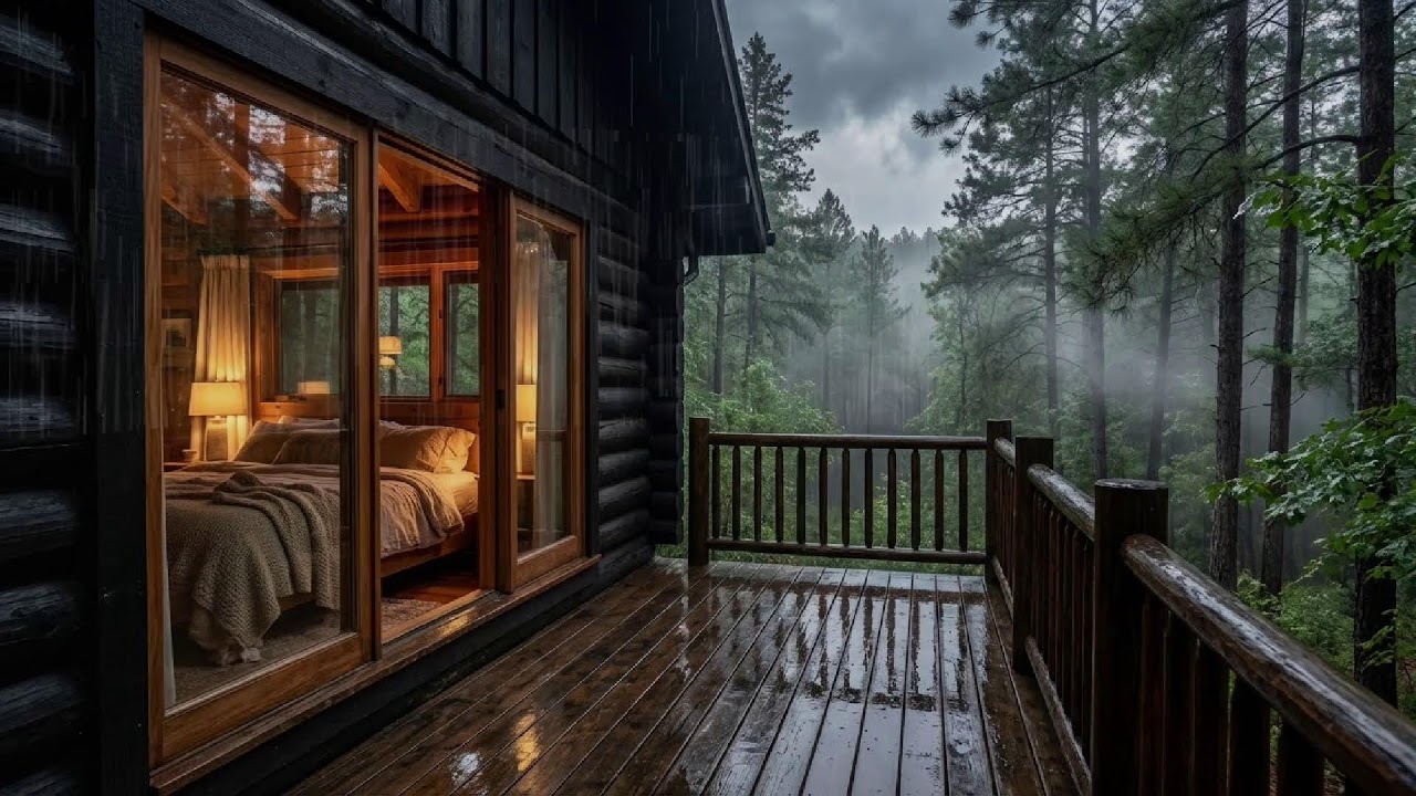 Gentle Forest Rainfall at Night Inside a Warm Cabin 🌲🌙 | Relaxing Sleep Ambience