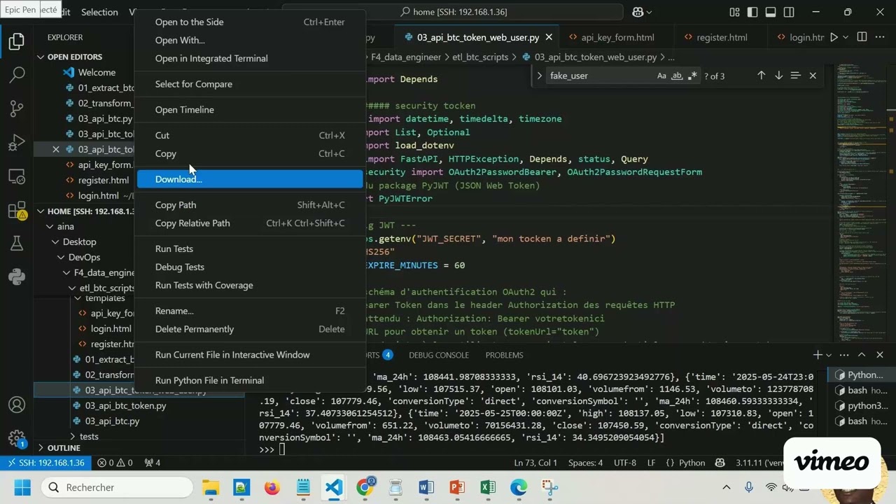 F4_DATA_ENGINEER 15: Créer un système complet d’authentification et génération de clés API JWT