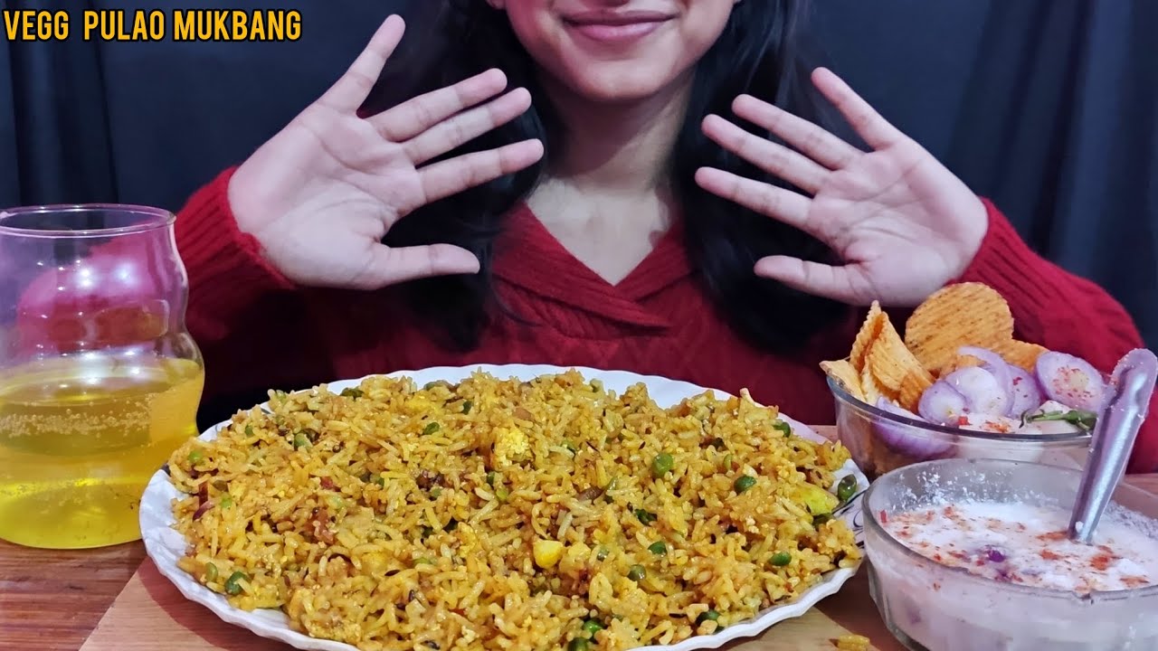 Eating vegg pulao mukbang with raita and salad