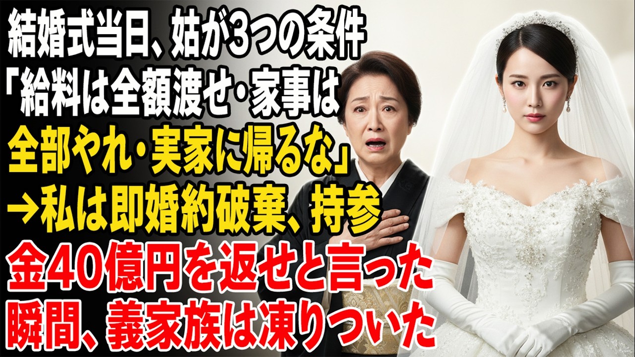 結婚式当日、姑が3つの条件「給料は全額渡せ・家事は全部やれ・実家に帰るな」→私は即婚約破棄、持参金40億円を返せと言った瞬間、義家族は凍りついた