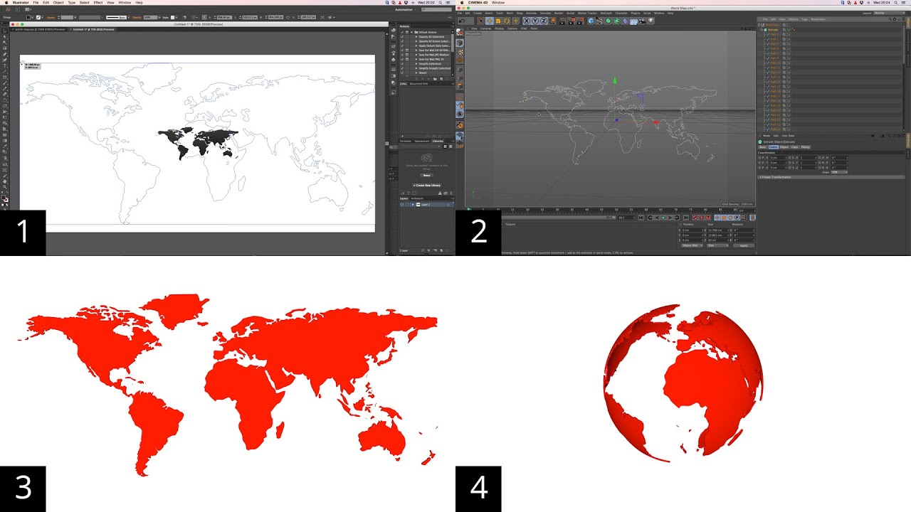 How to transform a vector world map into a sphere using the wrap deformer