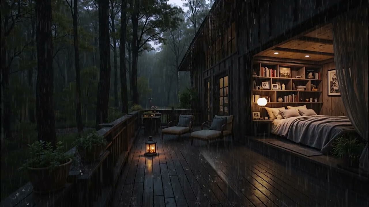Mild Forest Rain Sounds at a Cabin 🌲🌧️ Peaceful Dark Room Setting | 4K – No Ads