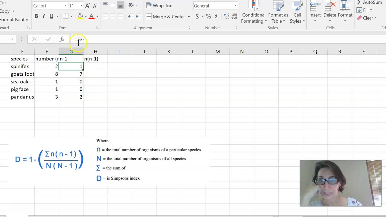 Calculating Simpson's Diversity Index (SDI) using excel