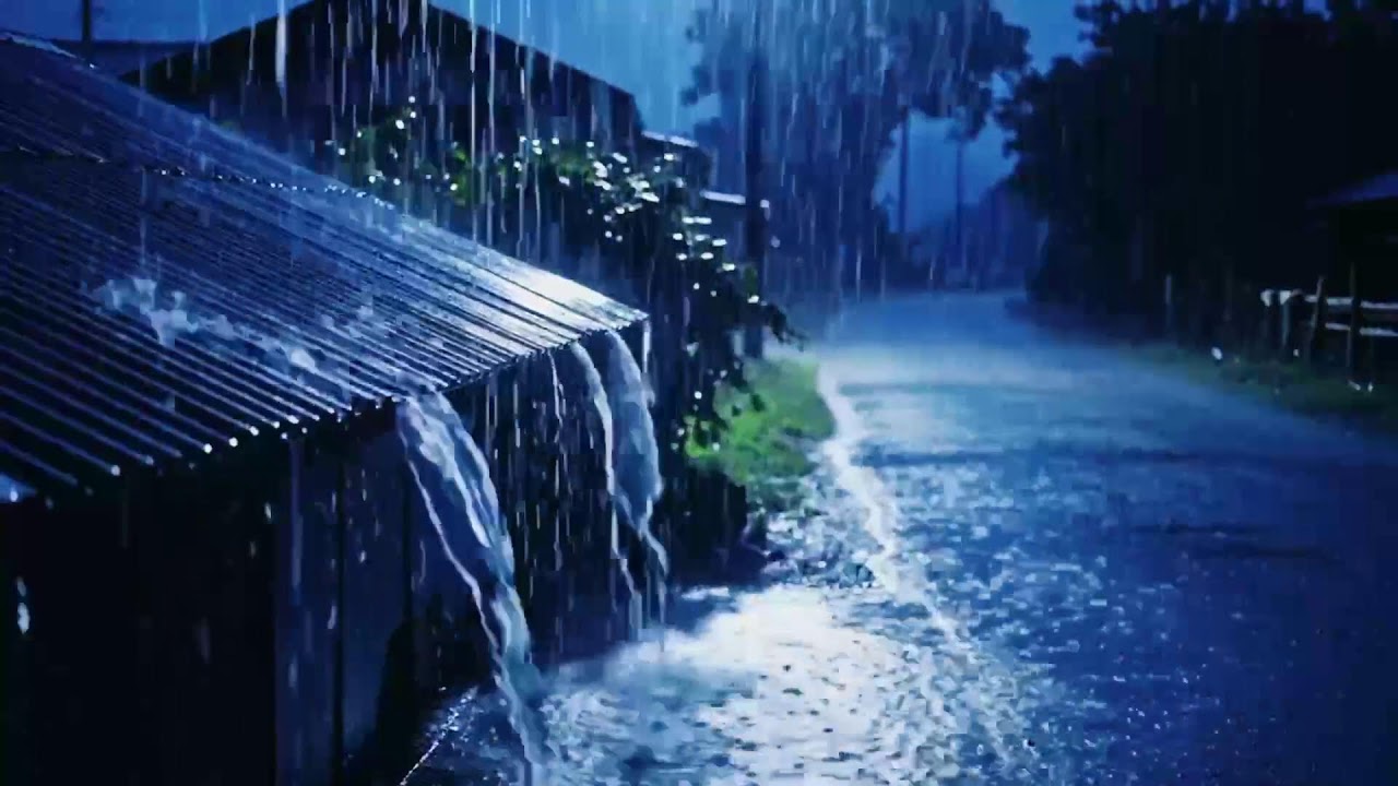 Heavy Night Rain ASMR Near a Small Hut on a Quiet Rural Road for Deep Sleep and Relaxation 120