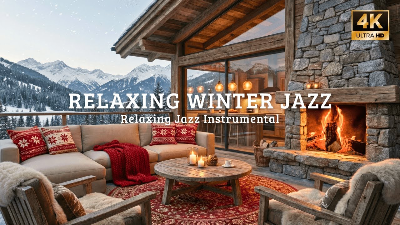 🔴 Magical Winter Cabin ❄️ Gentle Piano Jazz with Cozy Fireplace Ambience