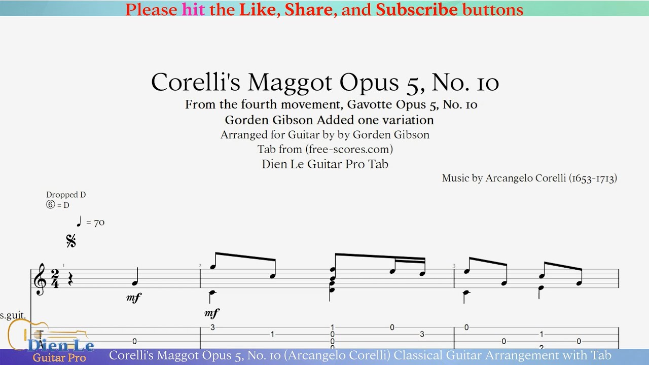 Corelli's Maggot Opus 5, No. 10 (Arcangelo Corelli) Classical Guitar Arrangement with Tab