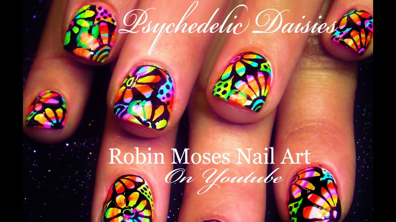 Psychedelic Neon Daisy Nails | Flower Power Hippie Nail Art Design
