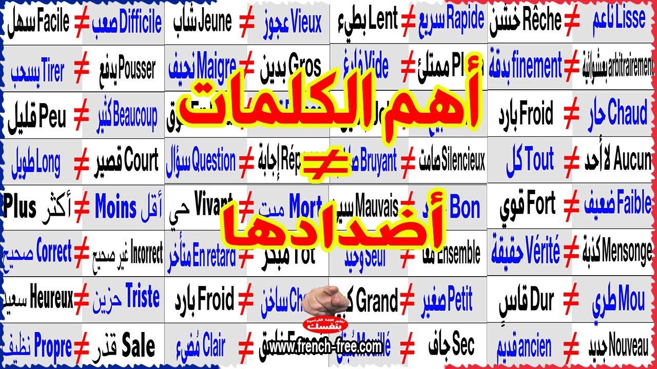 تعلم وحفظ أهم الكلمات في الفرنسية وأضدادها في نفس الوقت بسرعة بالنطق Mots et Contraires