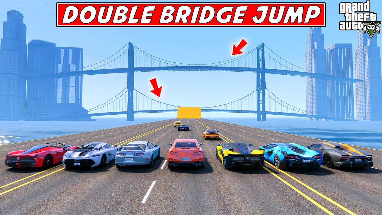 GTA 5 : Super Cars Vs Impossible 2 ( Double ) Bridge 🌉Jump Challenge