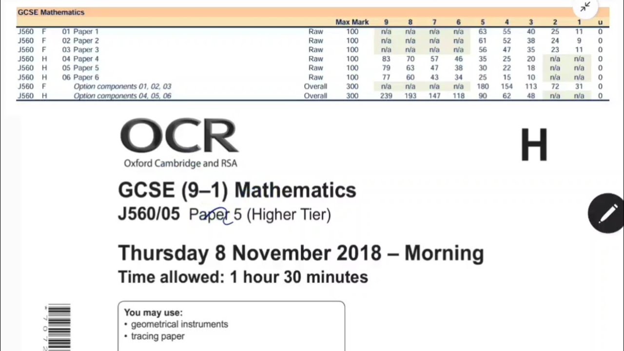 Экзамен OCR GCSE по математике — ноябрь 2018 г. — Экзаменационная работа № 5 (высший уровень, без...