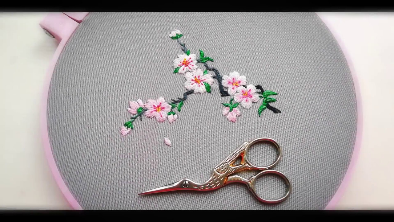 Hand Embroidery Designs | Sakura branch | Long and short stitches
