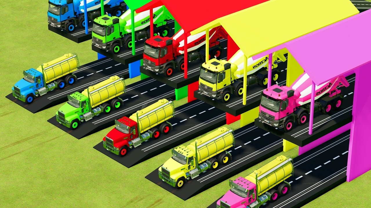 Garage with Colors - DOUBLE FLATBED TRAILER TRUCK, POLICE, BIG TRUCK, VOLVO, MIXER TRUCK - PART 1