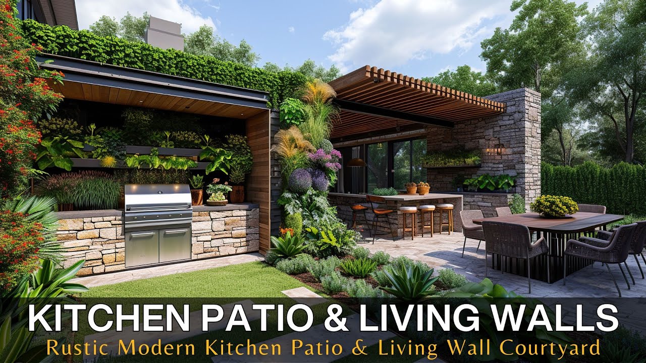 Nature-Inspired Rustic Modern Kitchen Patio Oasis with Living Walls Courtyard Harmony