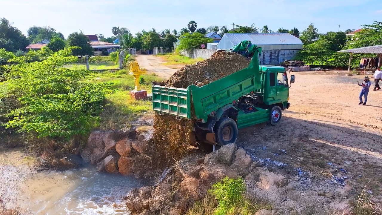 Nice Whole Start New Project Delete Pond ! Bulldozer Komatsu D20P push Stone , Truck Unloading