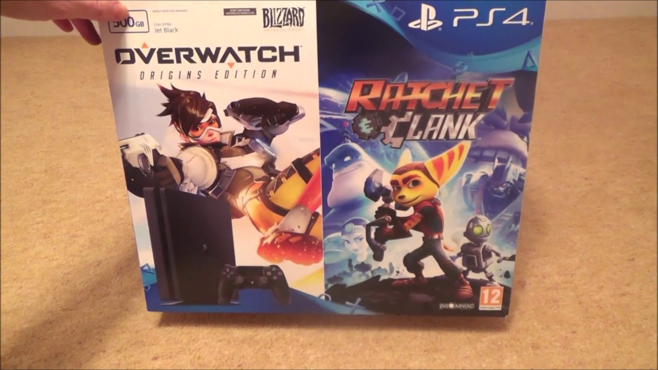Распаковка PlayStation PS4 Slim 500GB с играми Overwatch и Ratchet & Clank.