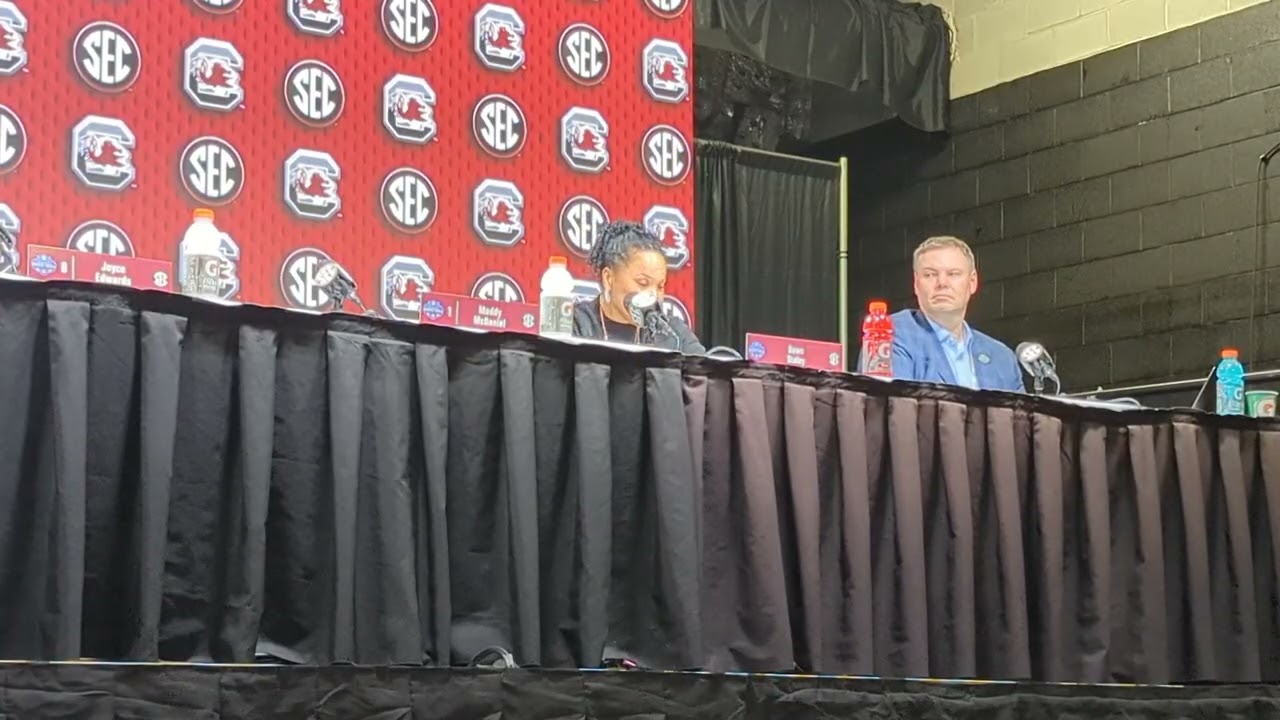 South Carolina's Dawn Staley, Joyce Edwards, Maddy McDaniel press conference after SEC Final loss