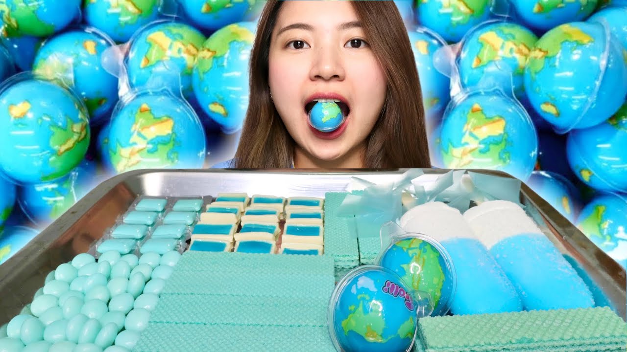 MUKBANG TROLLI GUMMY PLANET, MENTOSS, ICE CREAM, TANGO, BUBBLE GUM | BLUE PARTY