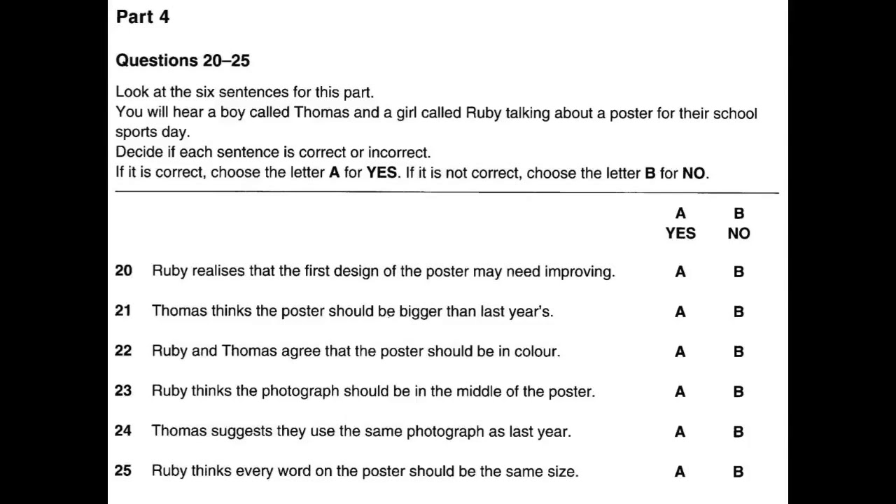 Listening B1, PET 1 for Schools, Test 1, Part 4