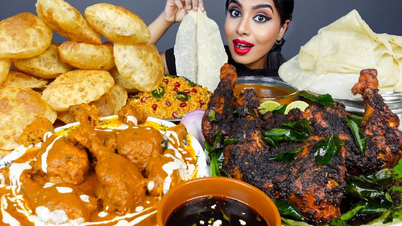 ASMR Eating Spicy Whole Chicken Curry,Butter Chicken Fry,Rice,Poori Big Bites ASMR Eating Mukbang