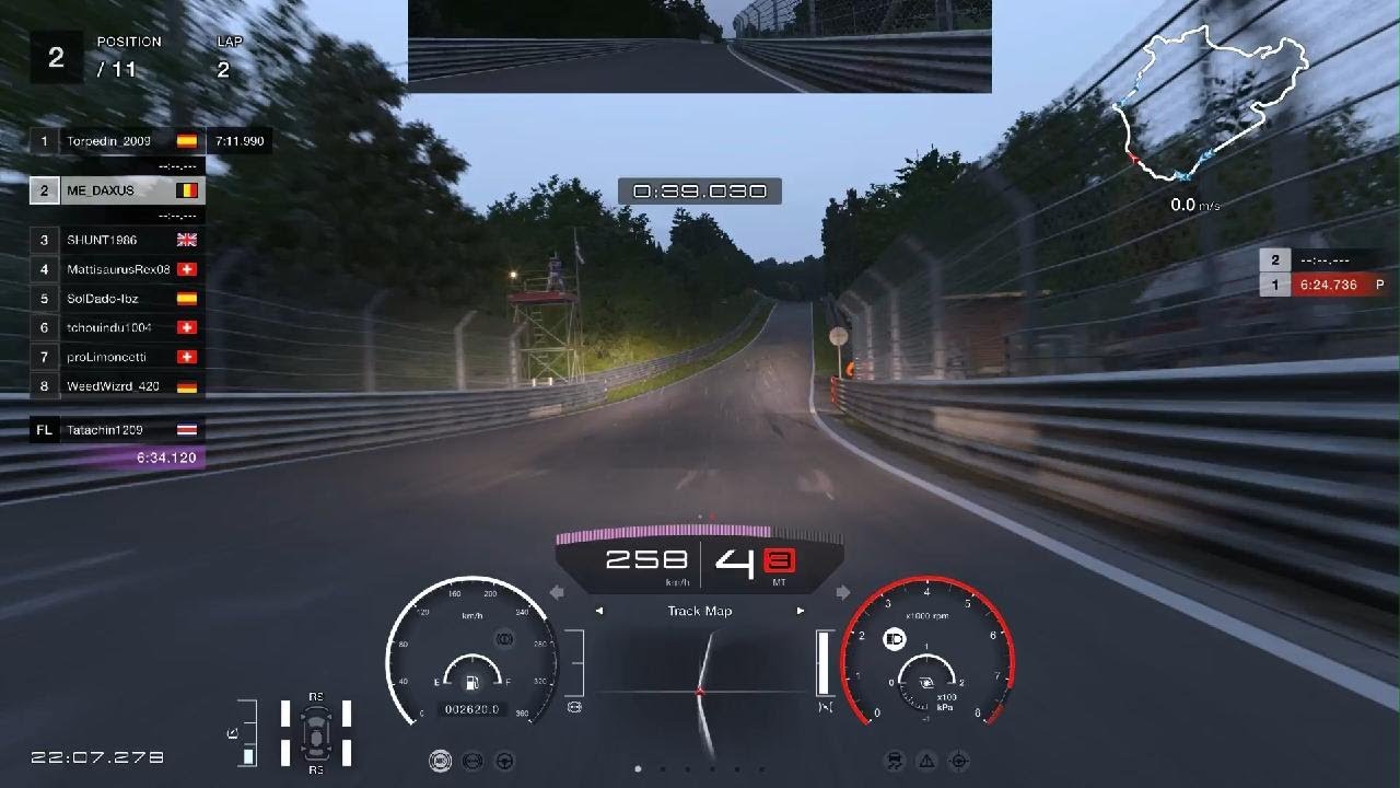 GT7 fast lap around the Nordschleife with gr3 296 full power in slight rain on slicks 6'13