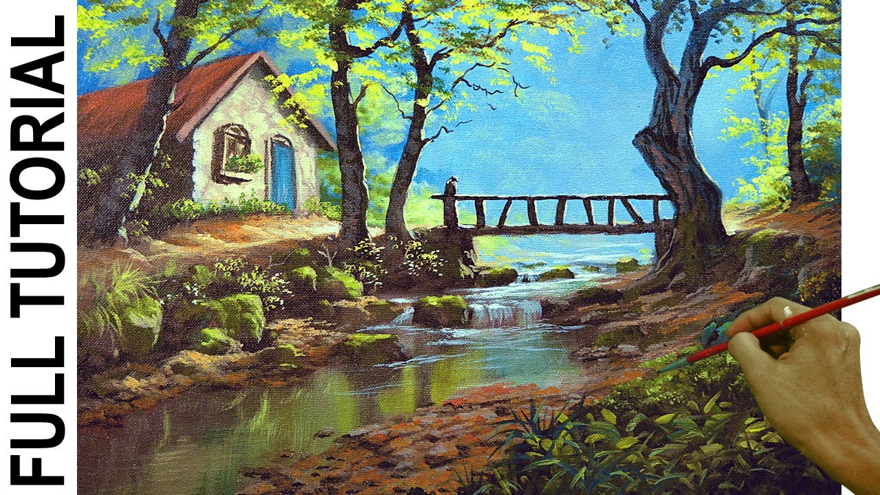 Acrylic Landscape Painting Tutorial | Cabin, Bridge and River by JM Lisondra