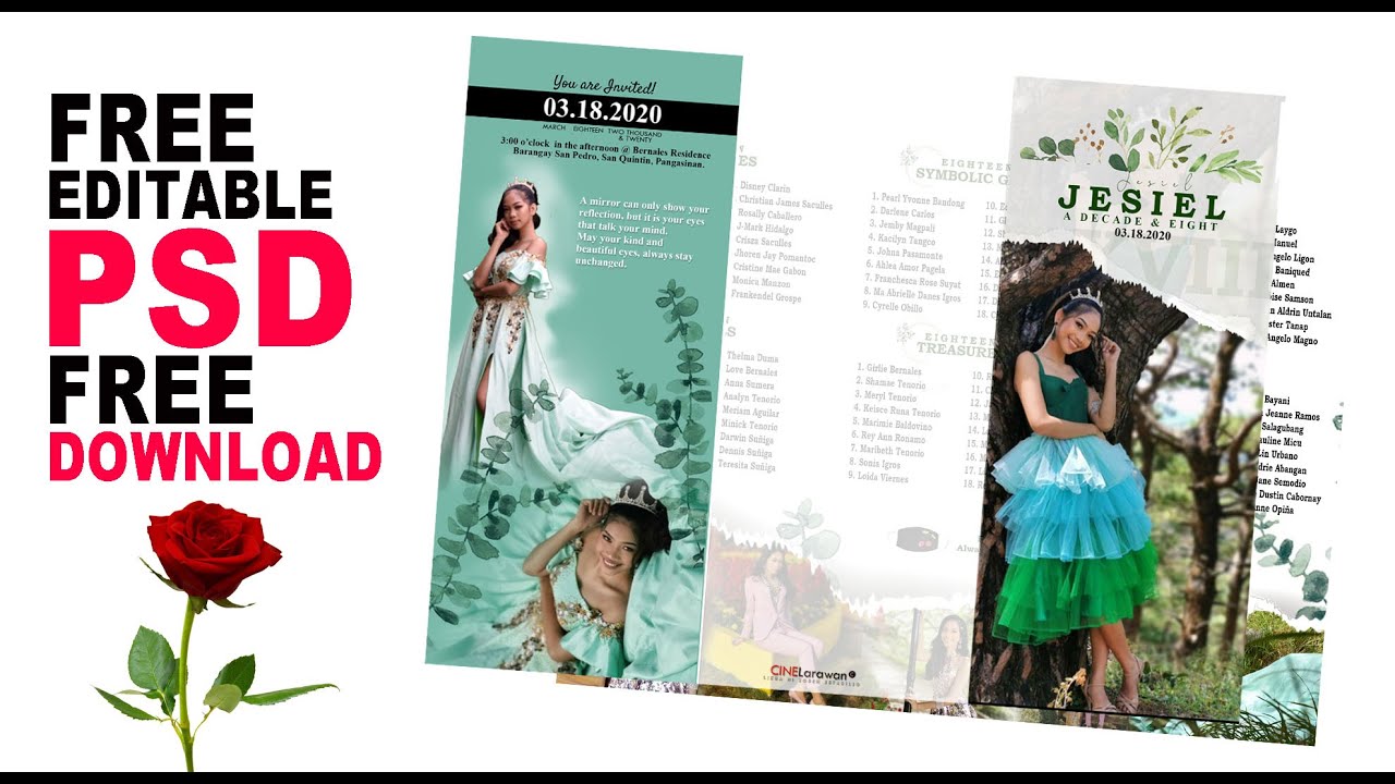 3-Folds Green Theme Simple Invitation Layout for 18th Birthday : Free PSD File Download