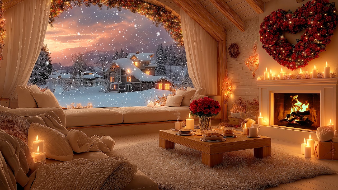 Fireplace & Piano Music Peaceful Winter Sunset Ambience 🎶Soft Piano for Stress Relief & Deep Sleep
