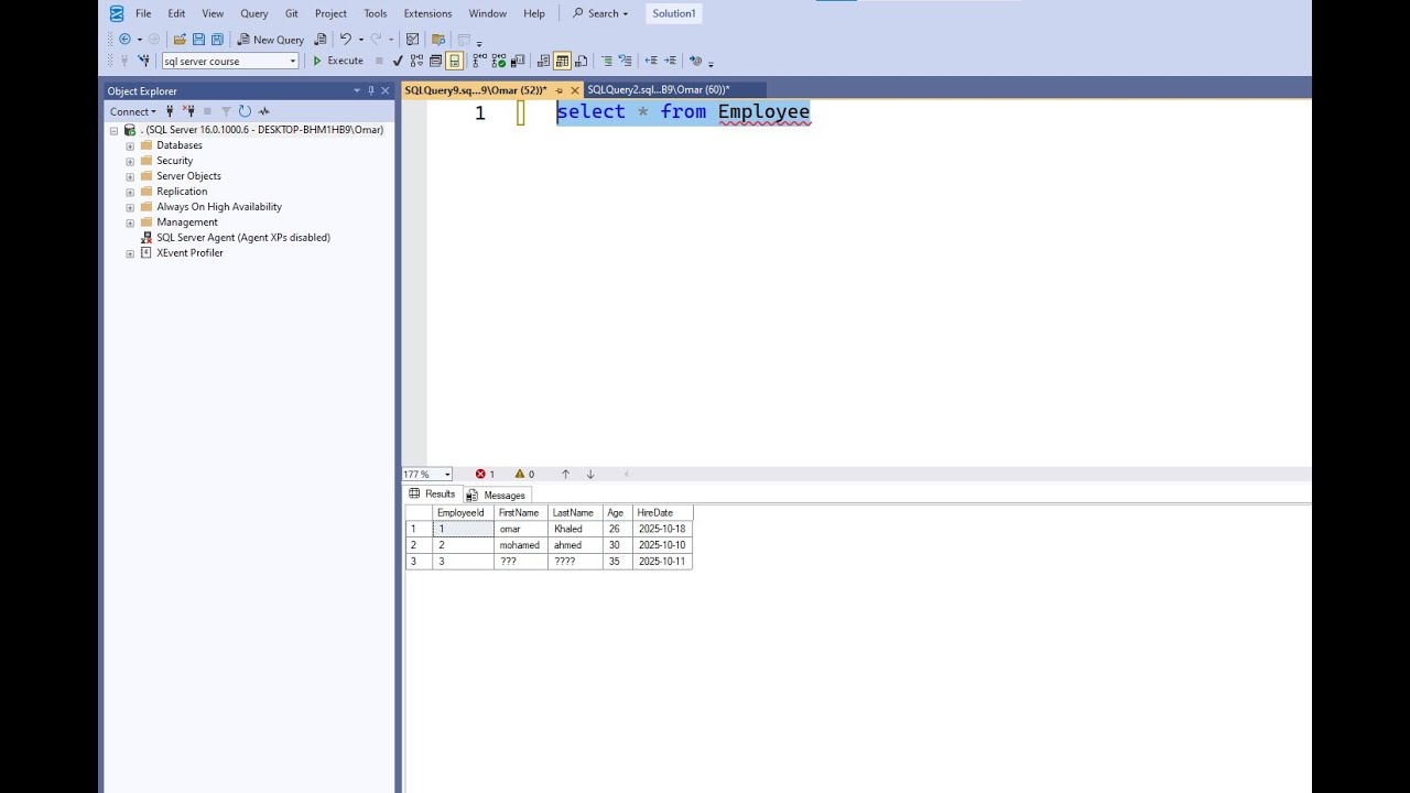 تعلم SQL Server إنشاء جدول، إدخال بيانات، واسترجاعها خطوة بخطوة