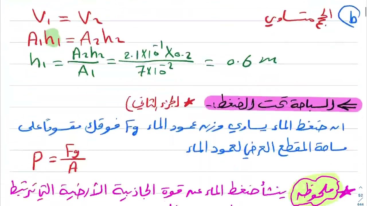 الموائع الساكنة والموائع المتحركة ( الجزء الثاني) فيزياء ثالث ثانوي 1445