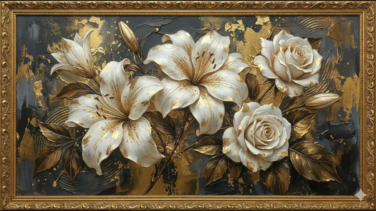 Vintage Oil Painting, Gold Lilies – Gold Framed 4K TV Art Screensaver