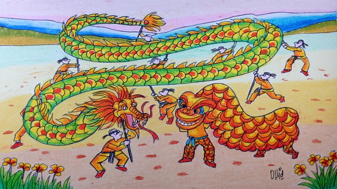 Cara Menggambar Barongsai Dan Liong Perayaan Cap Gomeh Dengan Crayon Oil/Pastel