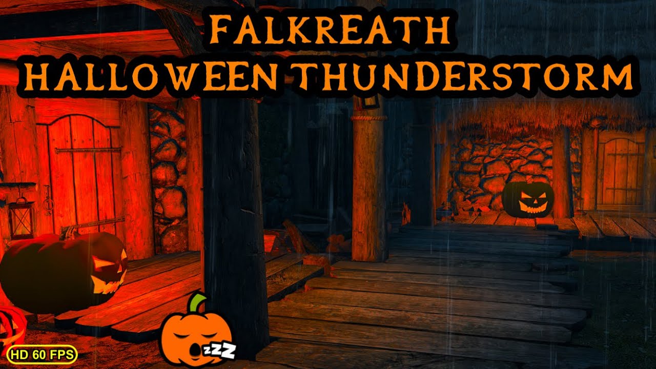 Skyrim - Halloween Thunderstorm Ambience With Rain, Heavy Thunder Sounds In A Spooky Village - Sleep