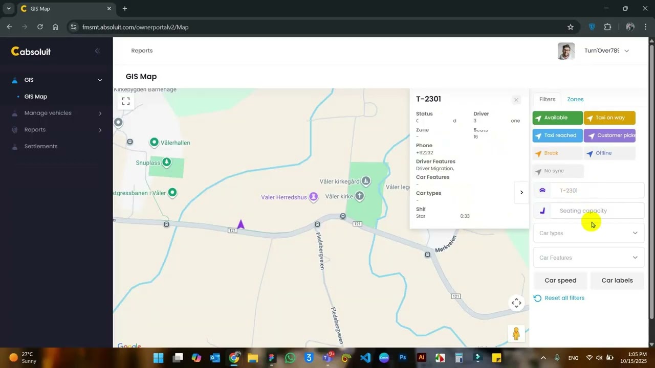 Live Vehicle Tracking with GIS Map in Owner Portal Cabsoluit System