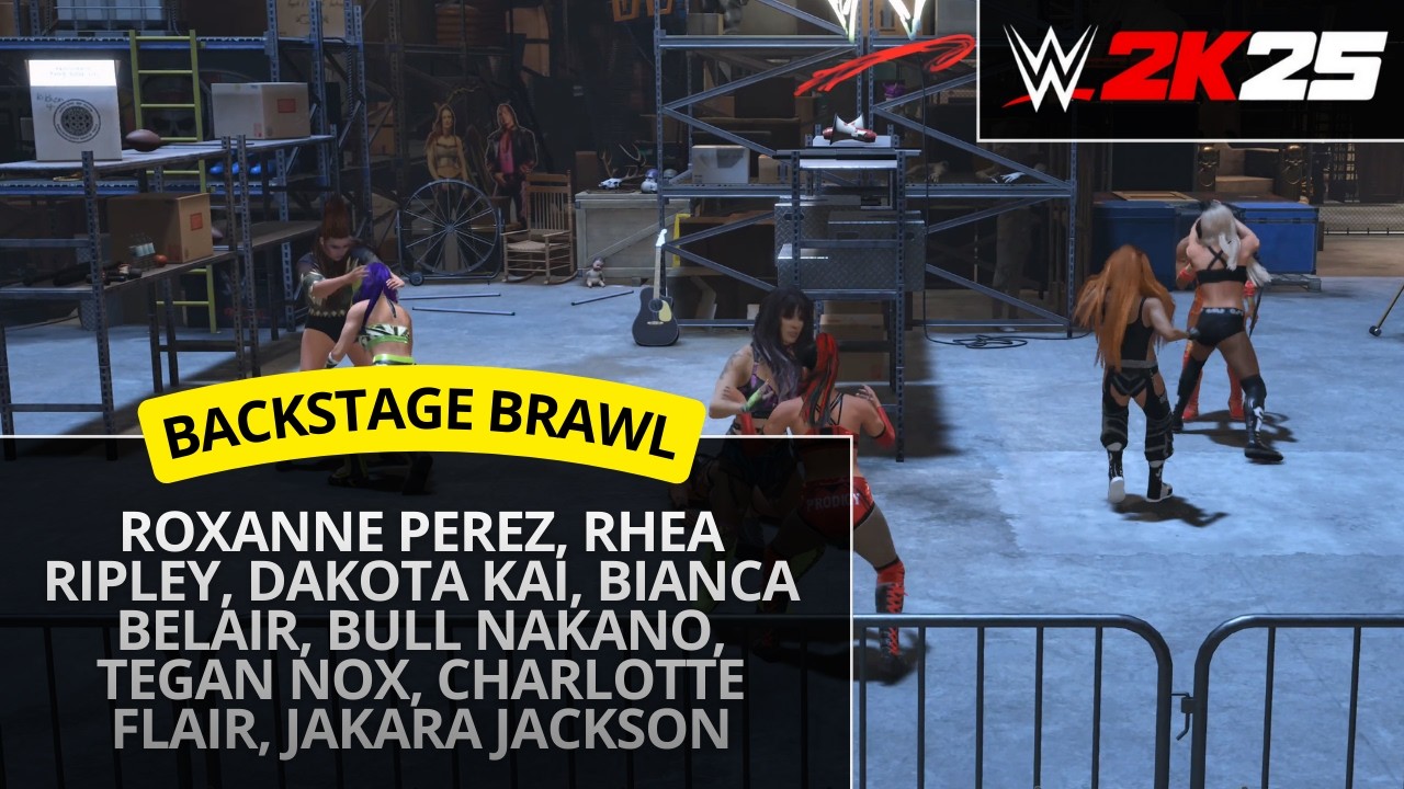 WWE 2K25 – Roxanne Perez vs Rhea Ripley vs Dakota Kai vs Bianca Belair vs Nakano (Backstage Brawl)