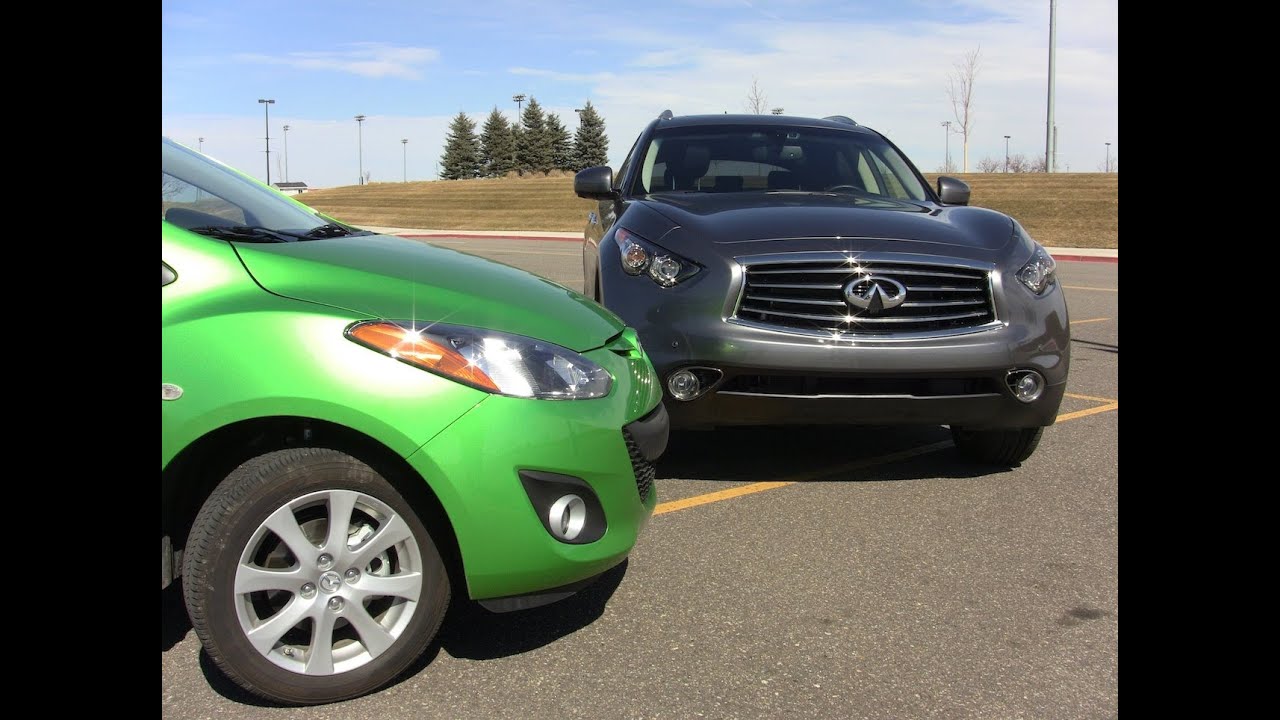 2012 Mazda2 versus Infiniti FX50 0-60-0 MPH Performance Mashup Test