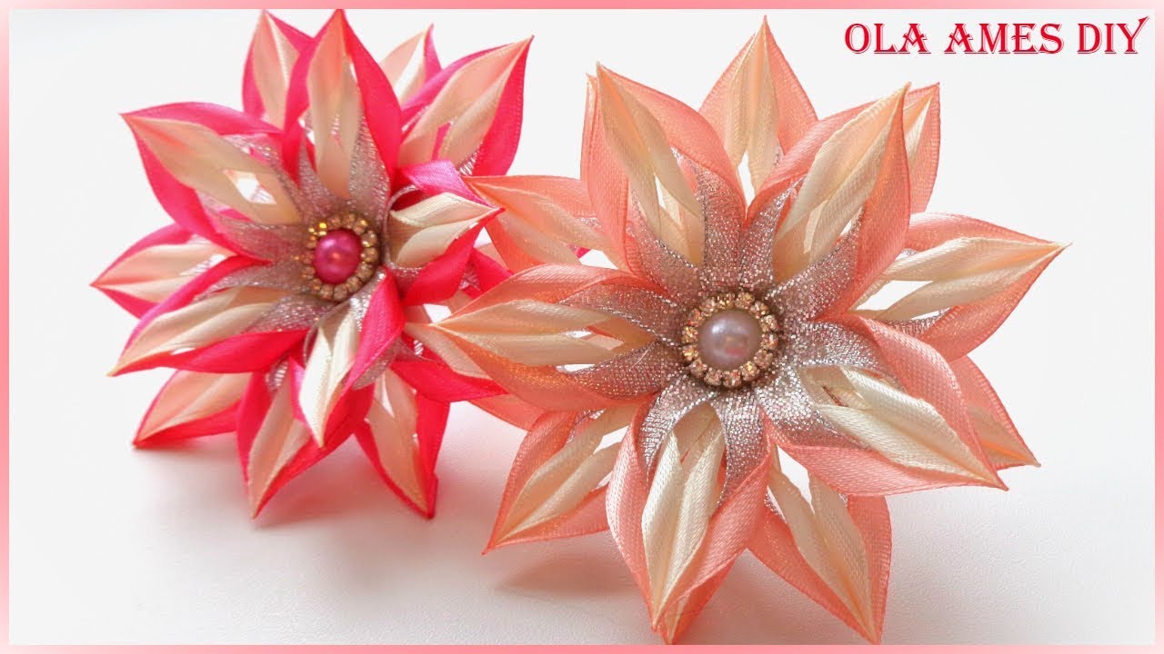 Цветы канзаши из узкой ленты/ Kanzashi Flower Tutorial/ Flores de fitas/ Ola ameS DIY