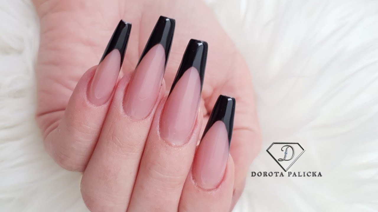 Black french gel nail extensions. Gel on forms step by step. Pinching c-curve on gel nails.