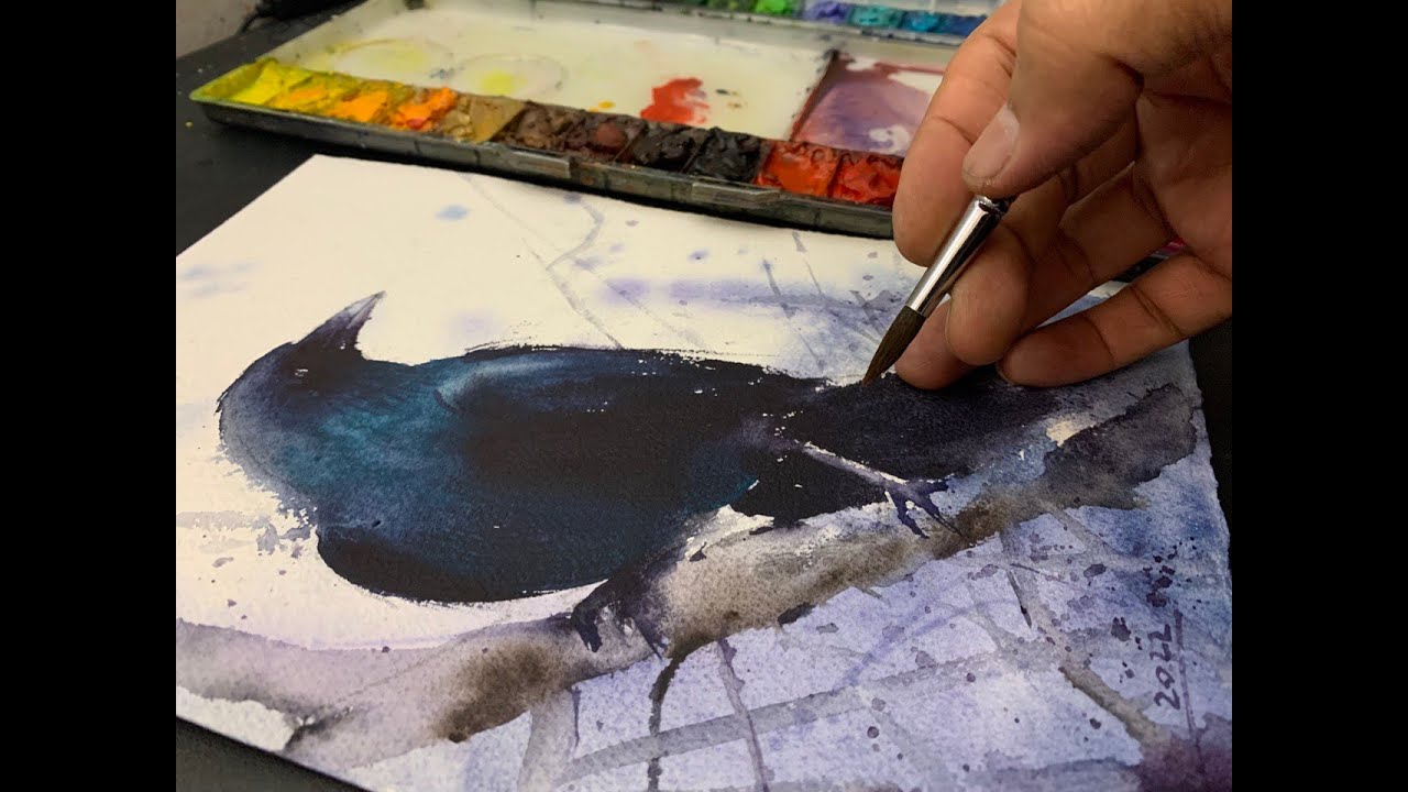How to paint Crow in watercolor painting