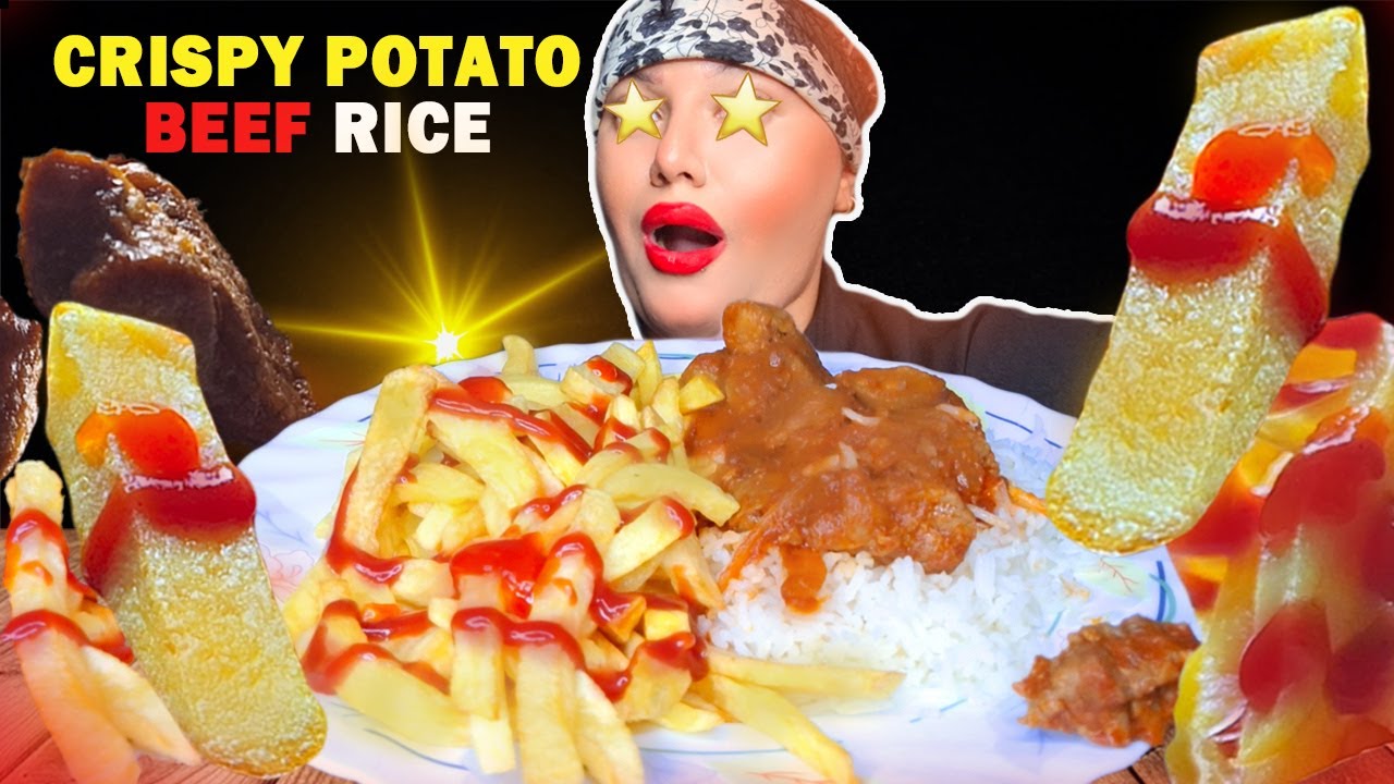 ASMR Eating Juicy Beef with Rice & Crispy Fries | Red Sauce Delight