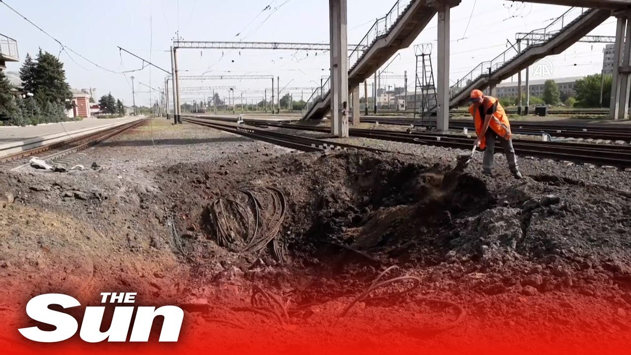 Train rails left damaged in Ukraine town after attacks by Russian forces