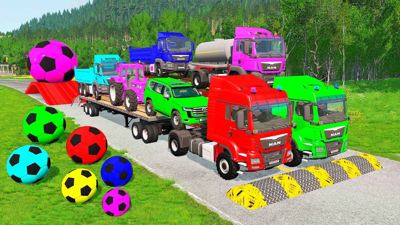 Flatbed Trailer McQueen Transportation with Truck - Speedbumps vs Cars vs Train - BeamNG.Drive #47