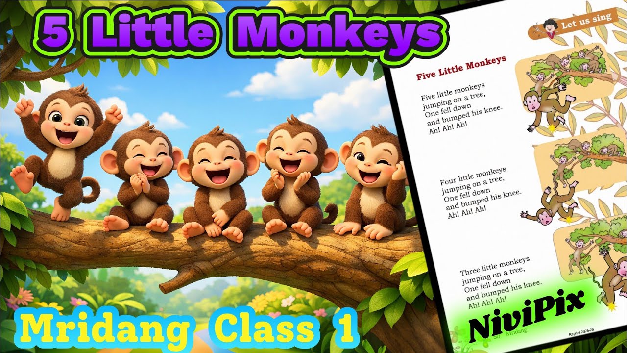 5 Little Monkeys 🐒 | Mridang Class 1 English Poem | Kids Counting Song