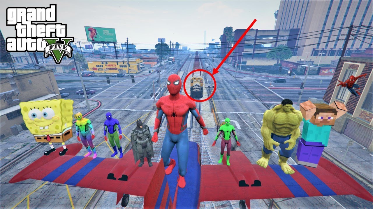 GTA 5 SPIDERMAN & SPONGEBOB CRAZY TRAIN FAILS COMPILATION / GTA V BATMAN, STEVE, HARLEY RAGDOLLS