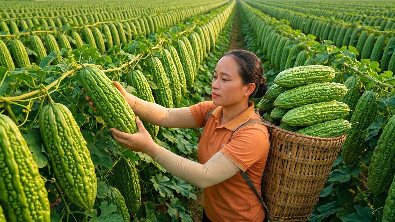 Harvesting Thousands Of Giant Bitter Melons And Taking Them To Market For Sale, Cooking Food