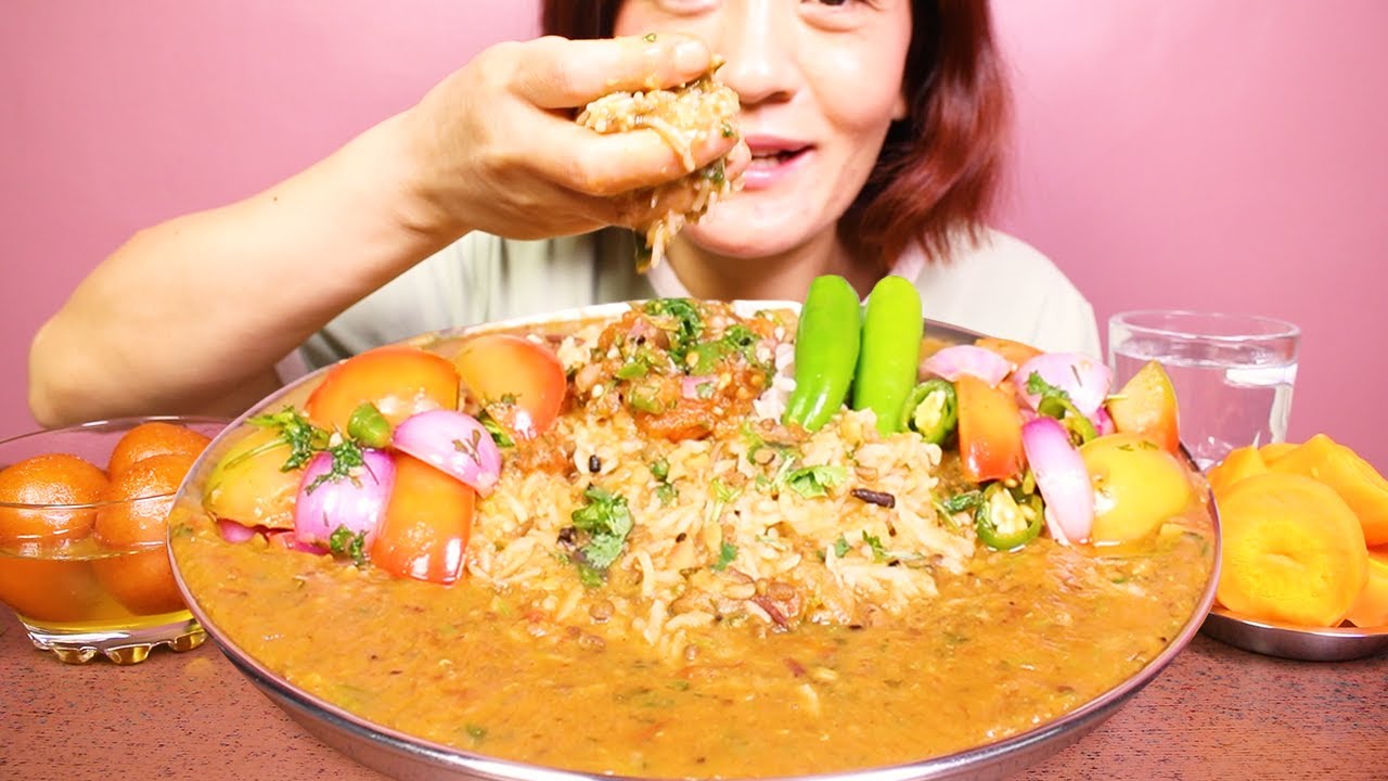 Eating Spicy Dal Chawal, Spicy Mixed Salad and Gulab Jamun #ASMR/EATING SHOW BIG BITES #MUKBANG