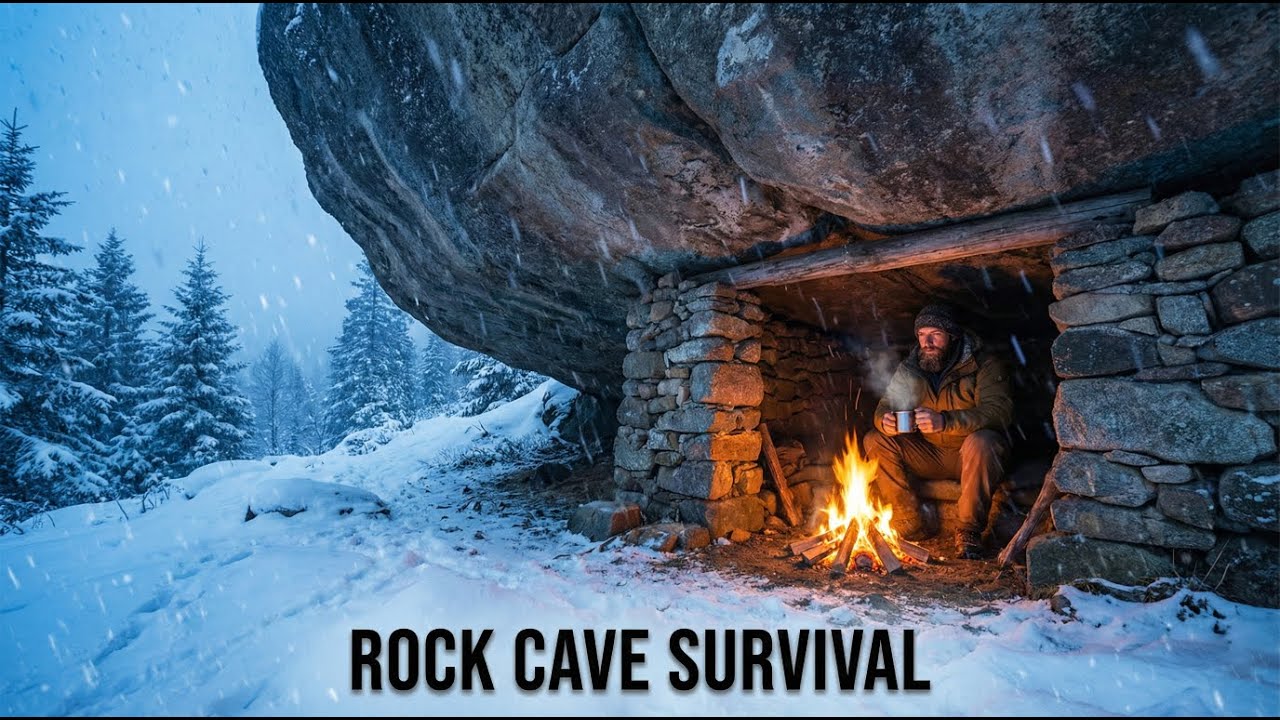 Solo Winter Survival: Building a Warm Rock Shelter in a Snowstorm | Bushcraft Camping & Cooking