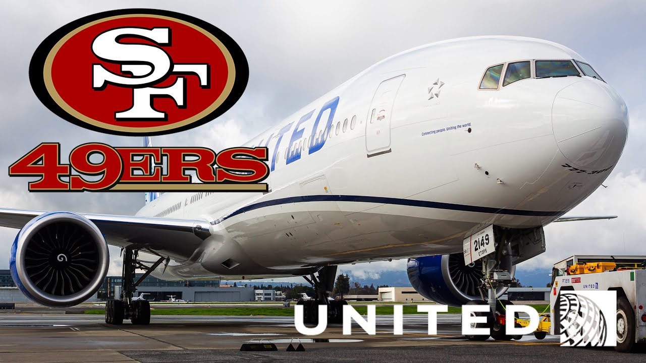 SF 49ers Depart San Jose for Super Bowl LIV | United Airlines Boeing 777-300ER N2749U New Livery