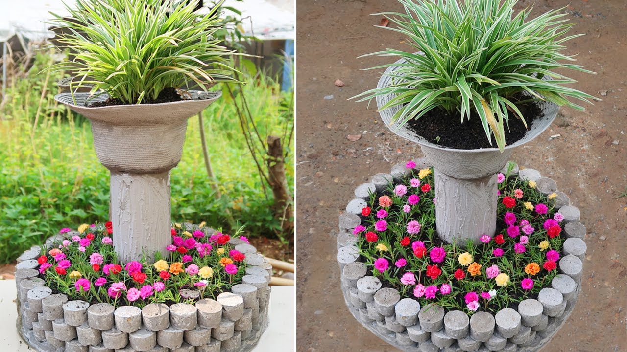 How to make cement into a beautiful flower tower pot | diy ideas garden